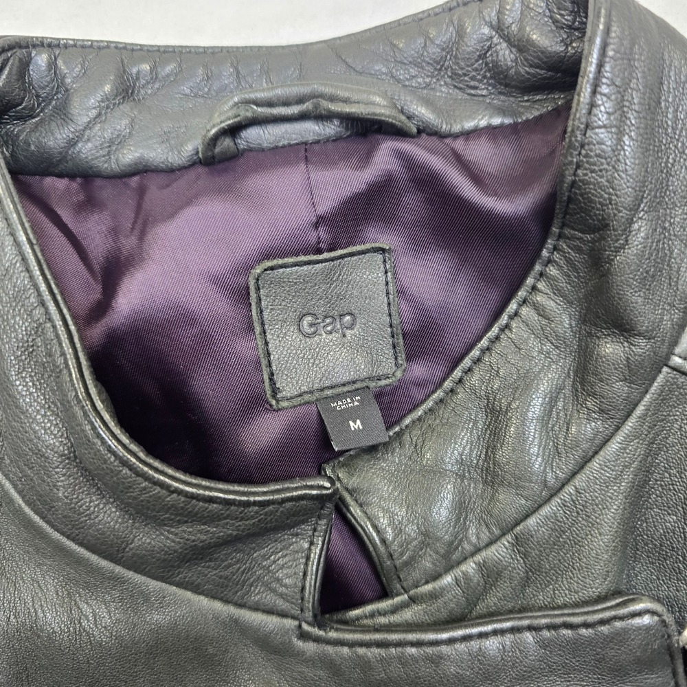 GAP Leather Moto Jacket Womens Medium Black Asymmetrical Zip Cafe Racer - Picture 7 of 16